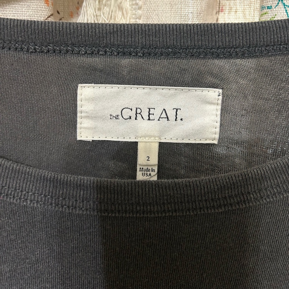 The Great. Ribbon Tuxedo Gray Short Sleeve Top Size 2 Medium. EUC - Picture 2 of 4